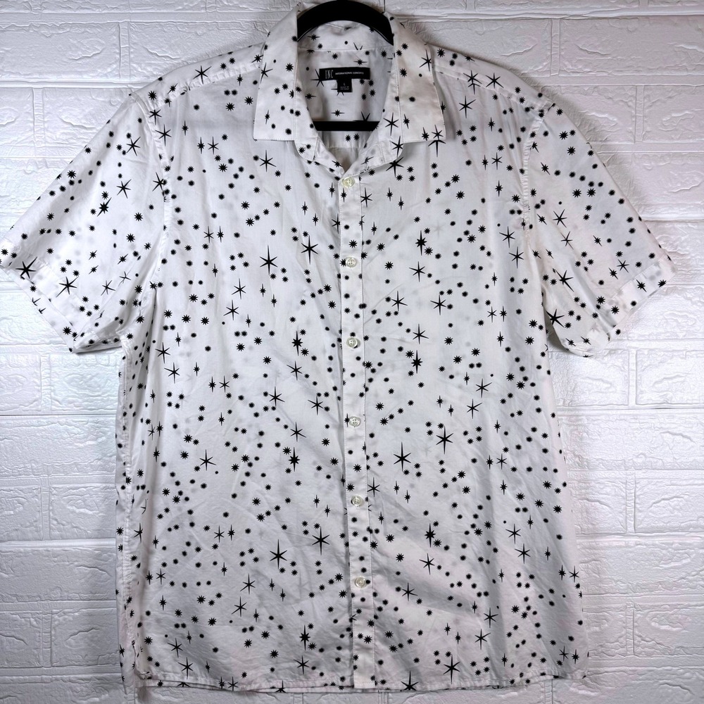 INC International Concepts Button Down Mens Large White Black Star Print Shirt